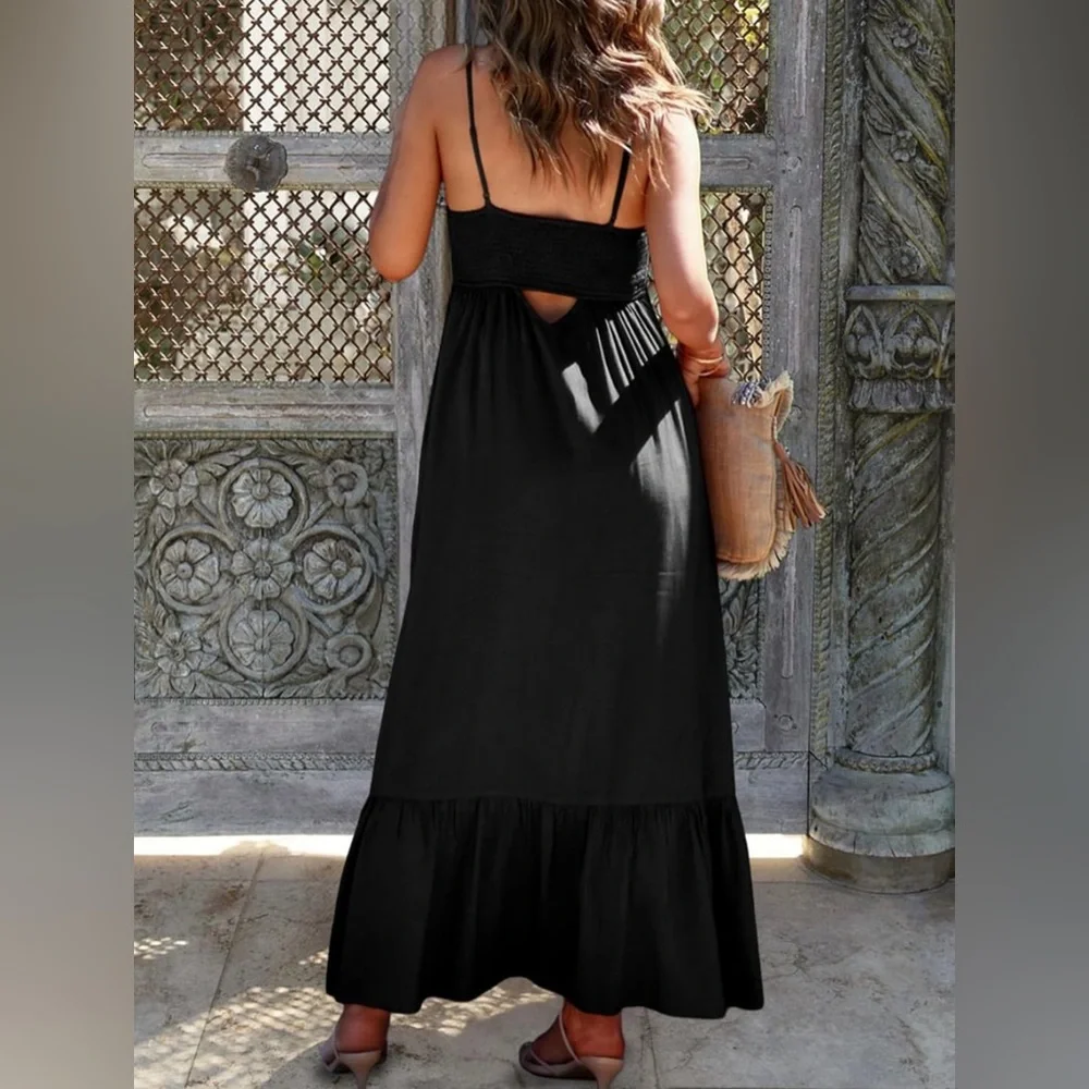 Black Smocked Maxi Dress | Button Front Sundress with Pockets Size M - Picture 4 of 11